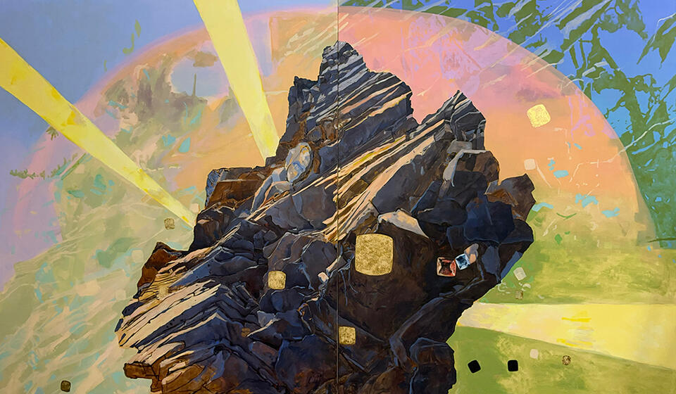 We Emerge Without a Guide or a Map (120" x 72" oil, acrylic and gold leaf on canvas, 2024)